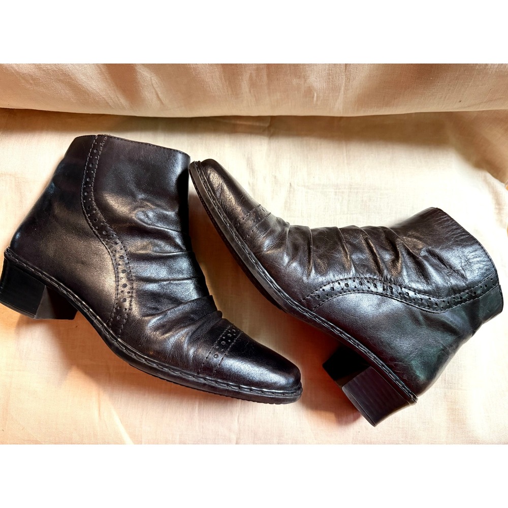 Rieker Ankle Boots Womens 40 Dark Brown Leather Ruched Heeled Booties Casual